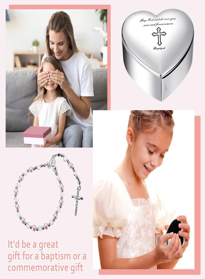 Quelay 2 Pcs Heart Jewelry Keepsake Box and Pink Baby Rosary Baptism Gift, Silver Toned Jewelry Box with Engraved Cross Baby Baptism Gift for Girls Baptism, First Communion, Christening - Image 5